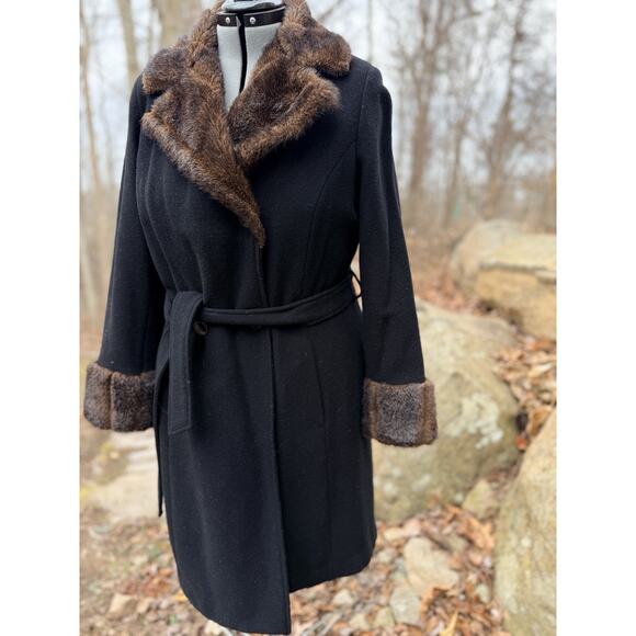 Jessica London Vintage Wool Blend Coat Faux Fur Collar Cuffs Belted Black Medium - Picture 10 of 12